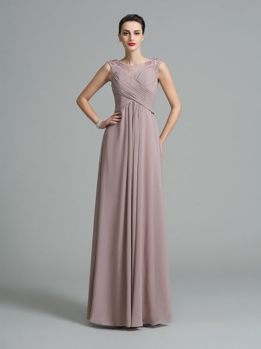 Sleeveless A-Line/Princess Ruched Long Scoop Chiffon Bridesmaid Dresses