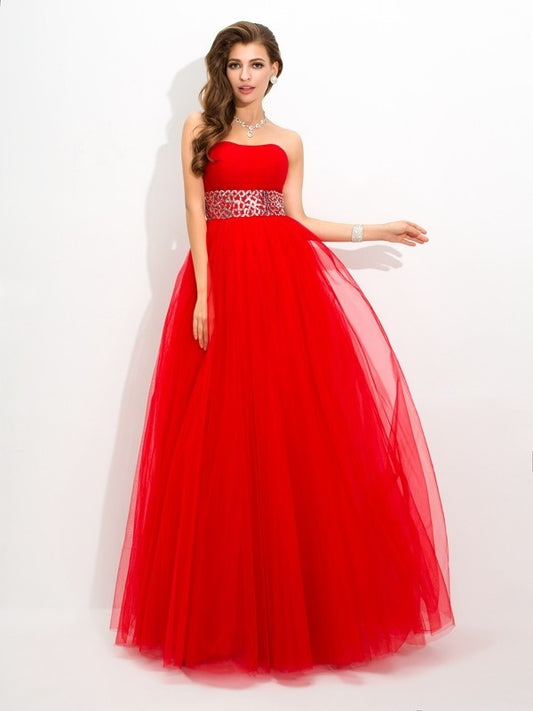 Beading Long Gown Strapless Sleeveless Ball Net Quinceanera Dresses