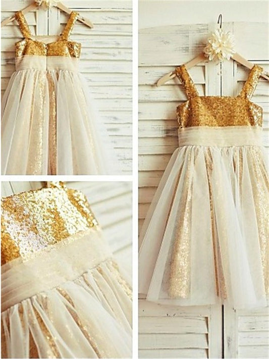 Sleeveless Straps Tea-Length A-line/Princess Spaghetti Ruffles Sequins Flower Girl Dresses