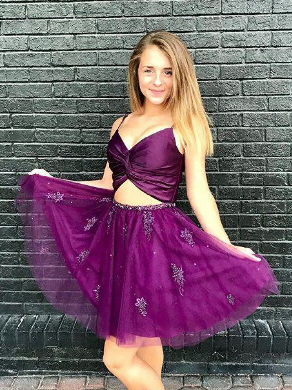 A-Line/Princess Sleeveless Spaghetti Straps Tulle Beading Short/Mini Homecoming Dresses Two Piece Dresses Lillianna