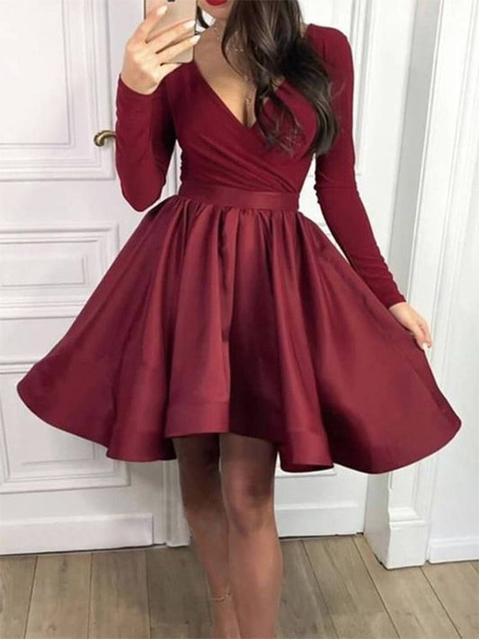 Ruffles V-neck Long Satin A-Line/Princess Sleeves Short/Mini Homecoming Dresses