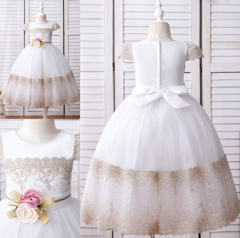 Short Gown Lace Ball Scoop Ankle-Length Flower Sleeves Hand-Made Flower Girl Dresses