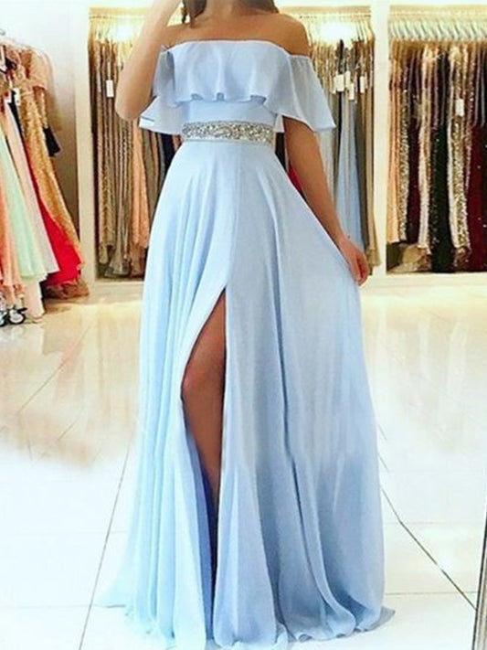 Floor-Length Off-the-Shoulder A-Line/Princess Sleeveless Beading Chiffon Dresses