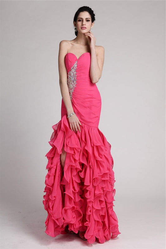 Beading Trumpet/Mermaid Sleeveless Sweetheart Ruffles Long Chiffon Dresses