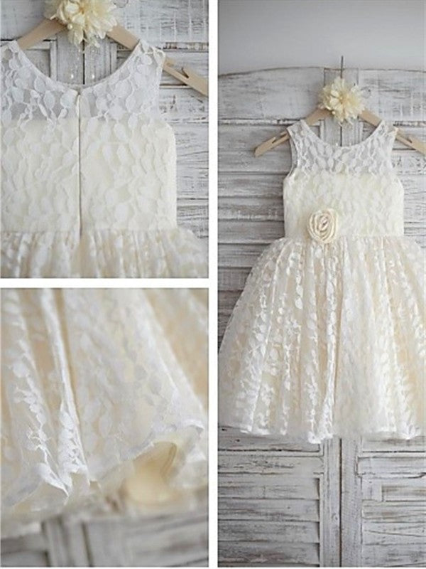 A-line/Princess Scoop Flower Hand-made Lace Tea-Length Sleeveless Flower Girl Dresses