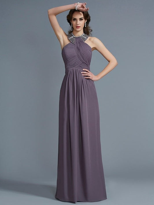 Neck Sleeveless Sheath/Column High Beading Long Chiffon Dresses