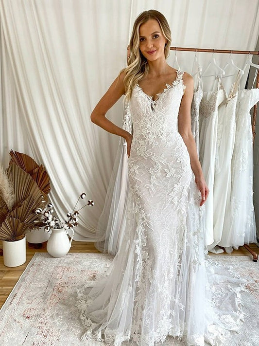 Sweep/Brush Sleeveless Applique Tulle V-neck Trumpet/Mermaid Train Wedding Dresses