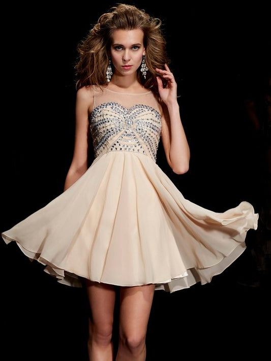 Sleeveless Short A-Line/Princess Beading Scoop Chiffon Homecoming Dresses