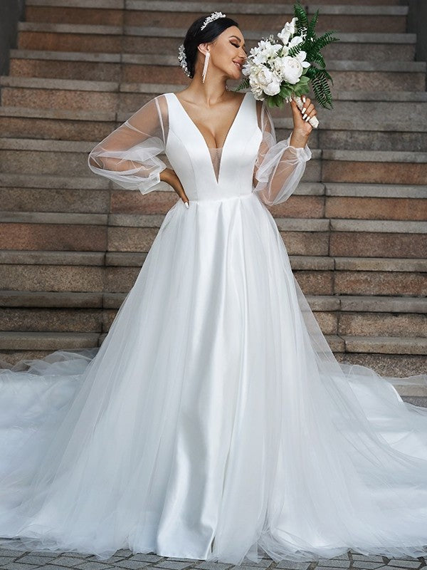 Tulle V-neck Long Ruffles Sleeves A-Line/Princess Court Train Wedding Dresses