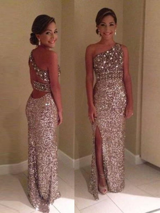 Sleeveless Sheath/Column One-Shoulder Sequins Floor-Length Dresses