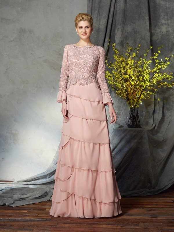 Sleeves Mother of Ruffles Sheath/Column Long Scoop Chiffon Long the Bride Dresses