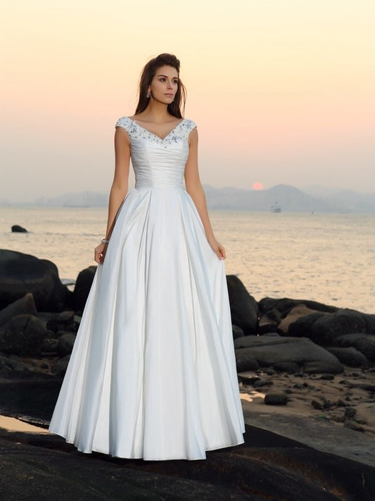 Taffeta V-neck A-Line/Princess Sleeveless Beading Long Beach Wedding Dresses