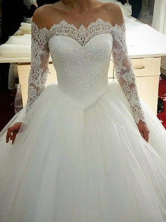 Tulle Gown Sweep/Brush Long Applique Sleeves Off-the-Shoulder Ball Train Wedding Dresses