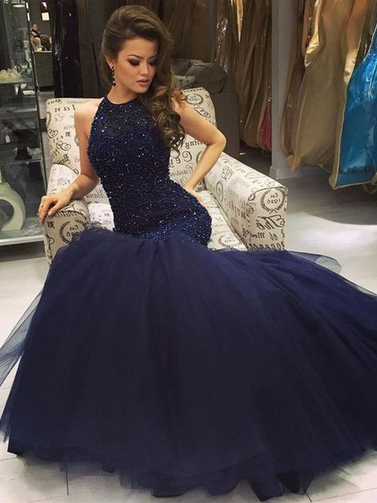 Floor-Length Jewel Sleeveless Trumpet/Mermaid Tulle Beading Dresses