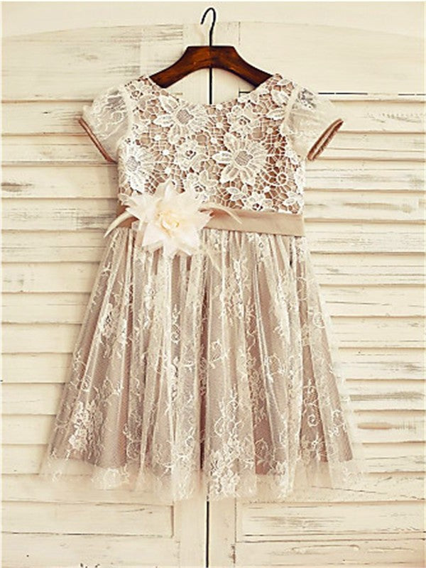 Lace Short Scoop Flower Hand-made A-line/Princess Sleeves Tea-Length Flower Girl Dresses