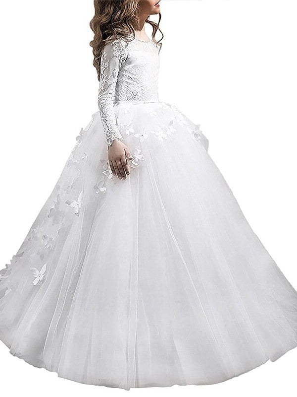 Long Tulle Scoop Floor-Length Gown Ball Sleeves Flower Girl Dresses