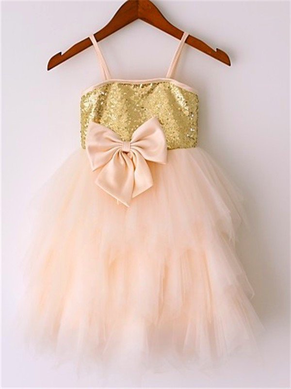 Tea-Length Net Spaghetti A-line/Princess Straps Sequin Sleeveless Flower Girl Dresses