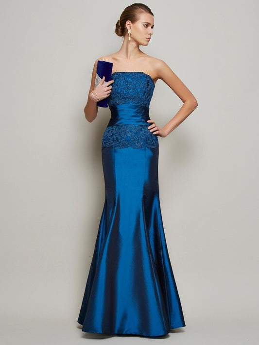 Strapless Trumpet/Mermaid Sleeveless Beading Applique Long Taffeta Dresses