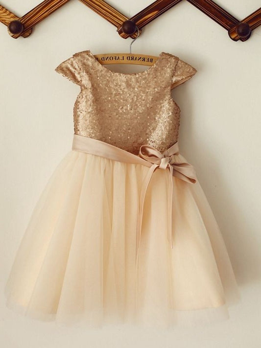 Sleeveless Tulle Sequin A-Line/Princess Knee-Length Scoop Flower Girl Dresses