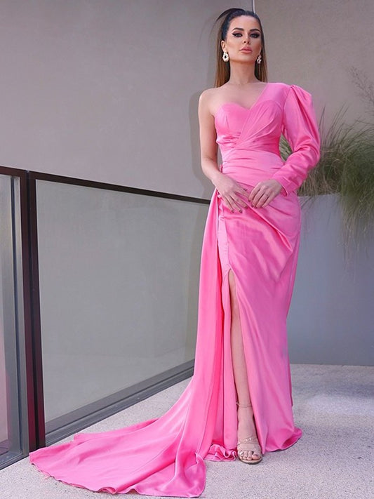 One-Shoulder Charmeuse Sheath/Column Sleeves Ruched Long Sweep/Brush Train Dresses