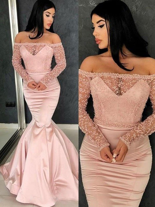 Train Off-the-Shoulder Long Trumpet/Mermaid Sleeves Sweep/Brush Ruffles Satin Dresses