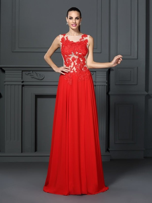 A-Line/Princess Applique Sleeveless Bateau Long Chiffon Dresses