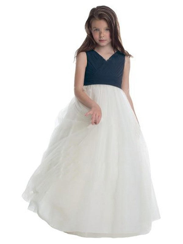 Sleeveless A-Line/Princess Floor-Length Ruched V-neck Tulle Flower Girl Dresses