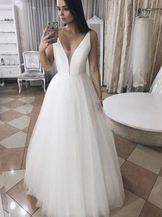 Tulle Ruffles A-Line/Princess Sleeveless V-neck Floor-Length Wedding Dresses