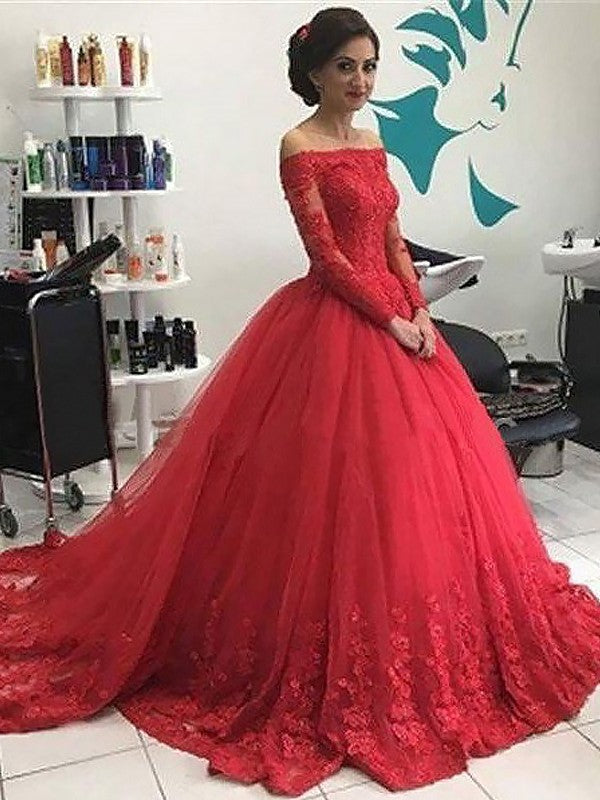 Sleeves Long Ball Off-the-Shoulder Gown Lace Tulle Court Train Dresses