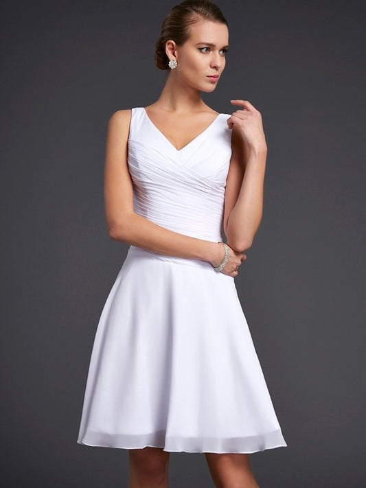 V-neck Pleats A-Line/Princess Short Sleeveless Chiffon Bridesmaid Dresses