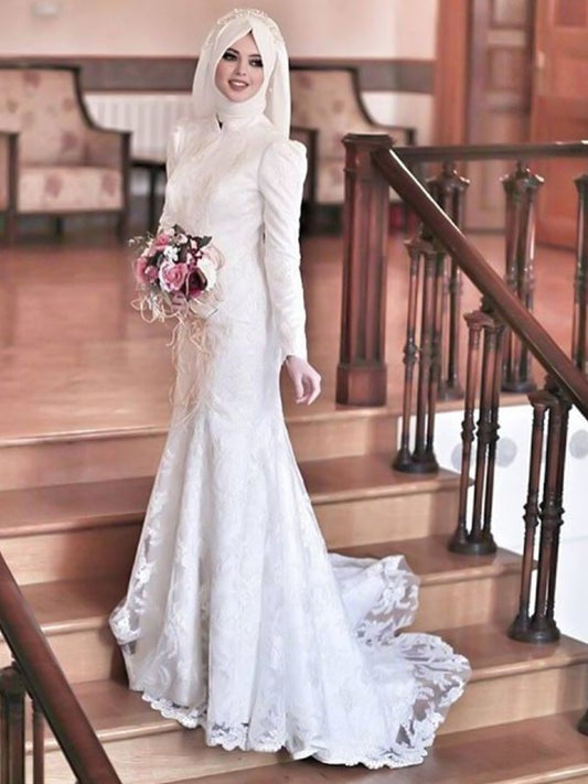 Sleeves Trumpet/Mermaid Neck Train Sweep/Brush High Lace Long Tulle Wedding Dresses