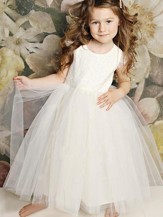 Sleeves Tulle Scoop Lace Short Floor-Length A-Line/Princess Flower Girl Dresses