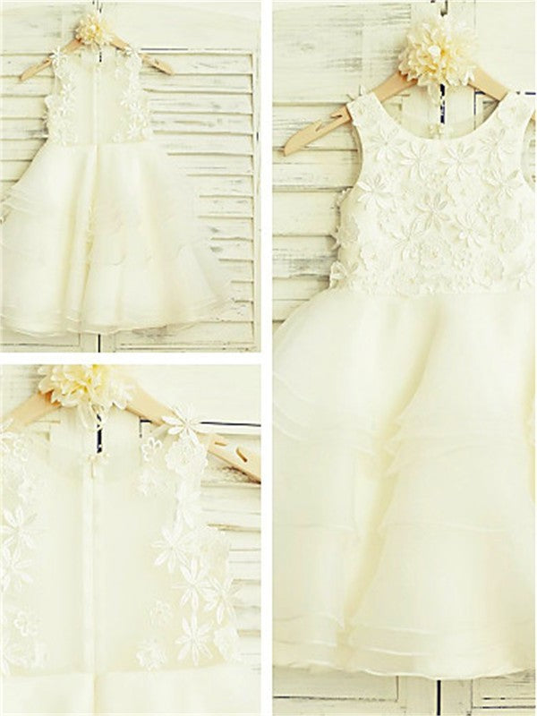 Tea-Length Lace A-line/Princess Tulle Sleeveless Scoop Flower Girl Dresses