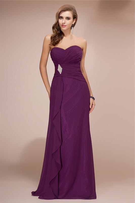 Sleeveless Sheath/Column Long Beading Sweetheart Ruffles Chiffon Bridesmaid Dresses