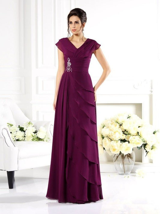 Mother Chiffon of Short Long V-neck A-Line/Princess Sleeves the Bride Dresses