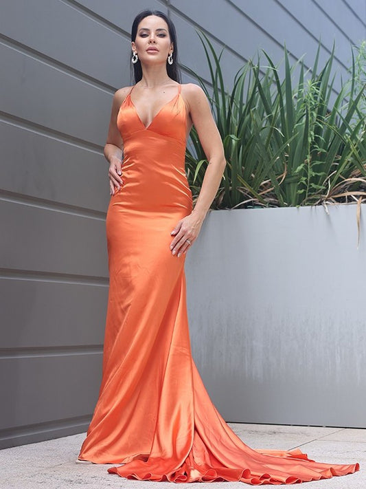 V-neck Ruched Sheath/Column Satin Sleeveless Sweep/Brush Train Dresses