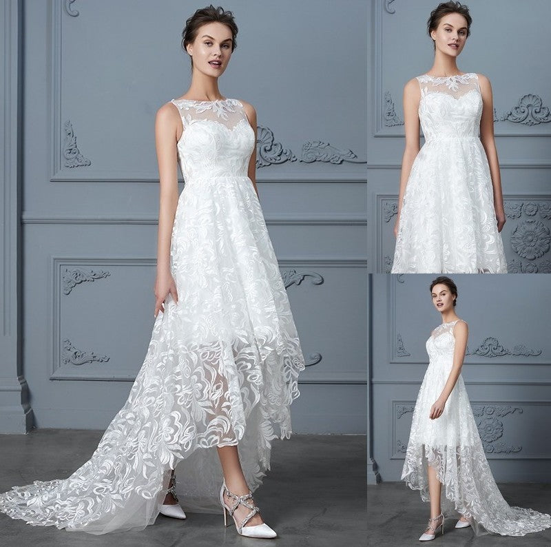 Sleeveless Asymmetrical A-Line/Princess Scoop Lace Wedding Dresses