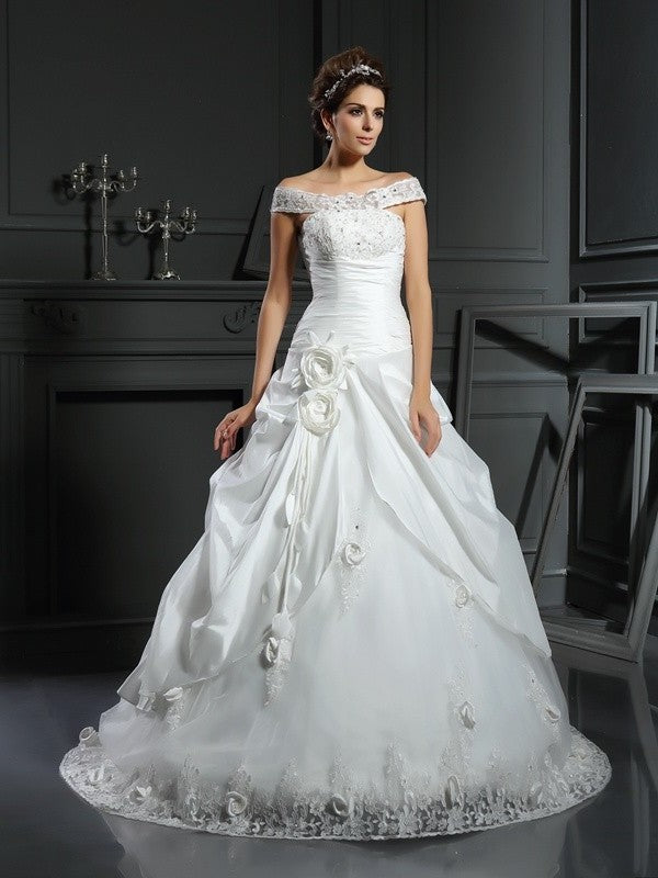 Gown Off-the-Shoulder Long Flower Ball Hand-Made Sleeveless Satin Wedding Dresses