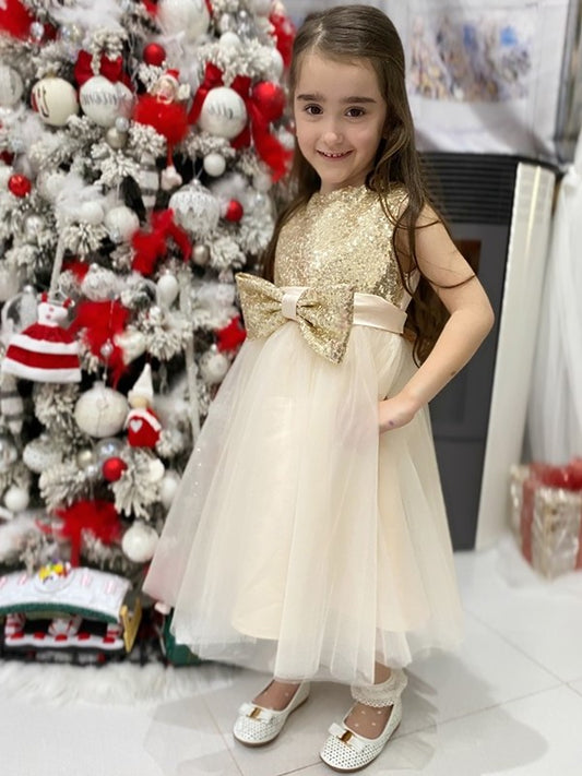 A-Line/Princess Scoop Tea-Length Bowknot Tulle Sleeveless Flower Girl Dresses