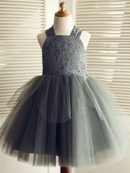 Sleeveless A-Line/Princess Knee-Length Tulle Lace Straps Flower Girl Dresses