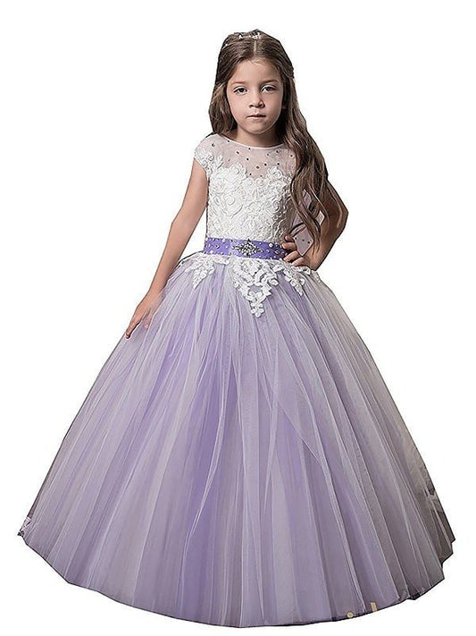 Ball Tulle Gown Jewel Sleeveless Applique Floor-Length Flower Girl Dresses