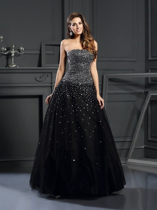 Long Sleeveless Gown Ball Strapless Beading Satin Quinceanera Dresses