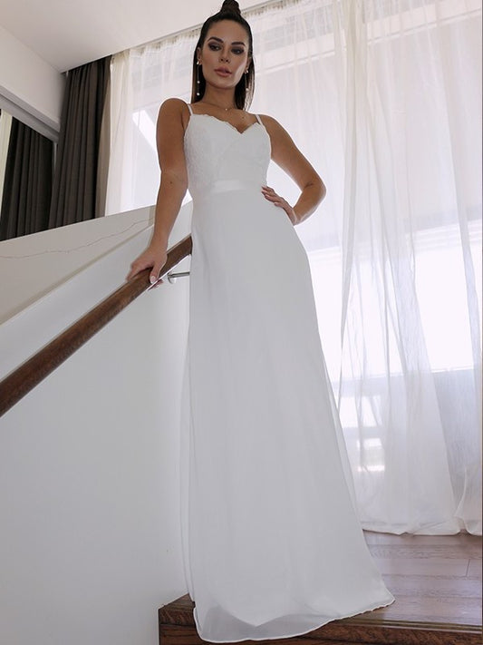 Spaghetti Sleeveless Chiffon Sheath/Column Straps Lace Floor-Length Wedding Dresses