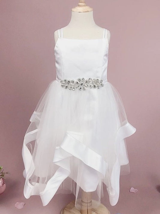 Straps Tea-Length A-Line/Princess Tulle Beading Sleeveless Flower Girl Dresses