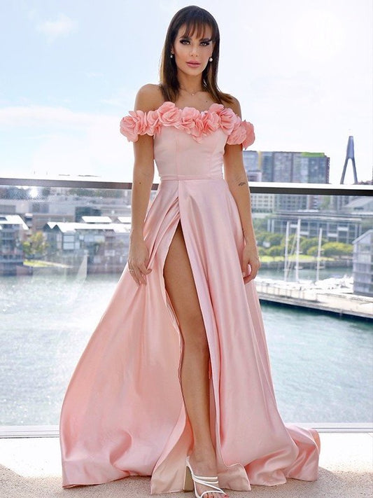 Sleeveless Satin Off-the-Shoulder Hand-Made Flower A-Line/Princess Sweep/Brush Train Dresses