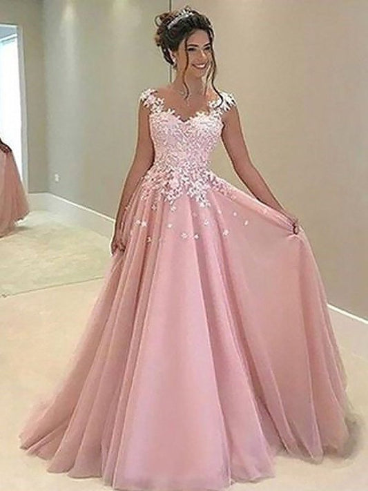 Sleeveless A-Line/Princess Floor-Length Sweetheart Applique Tulle Dresses