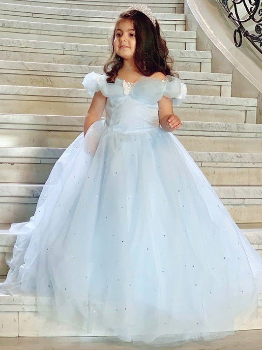 Tulle Rhinestone Ball Gown Off-the-Shoulder Floor-Length Sleeveless Flower Girl Dresses