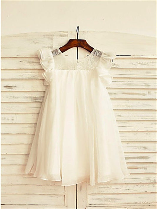 A-line/Princess Chiffon Scoop Tea-Length Sleeves Lace Short Flower Girl Dresses