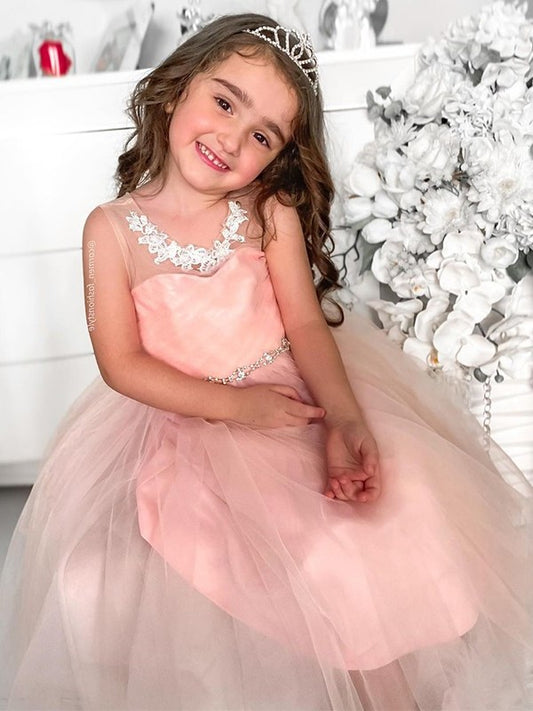 Tulle Sleeveless Scoop Beading A-Line/Princess Tea-Length Flower Girl Dresses