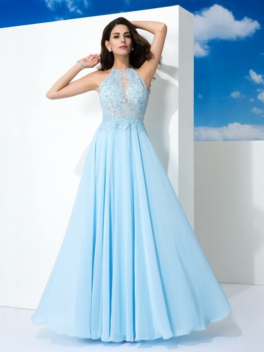 Spaghetti Sleeveless Applique A-Line/Princess Straps Long Chiffon Dresses